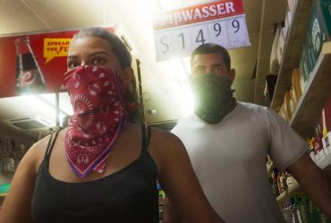 Lucia robbing a store with a guy in the Grand Theft Auto VI game