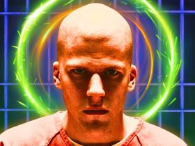 Jese Eisenberg looking serious as Lex Luthor with a halo in his background