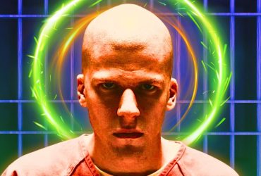 Jese Eisenberg looking serious as Lex Luthor with a halo in his background