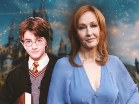 Young Daniel Radcliffe as Harry Potter and JK Rowling