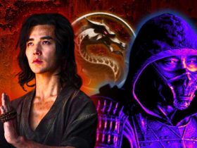 Liu Kang and Scorpion in Mortal Kombat (2021) and the MK logo in the background.