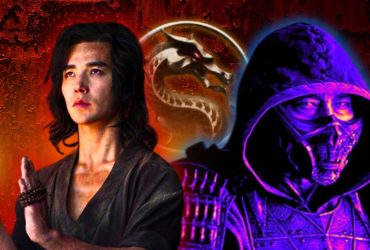 Liu Kang and Scorpion in Mortal Kombat (2021) and the MK logo in the background.