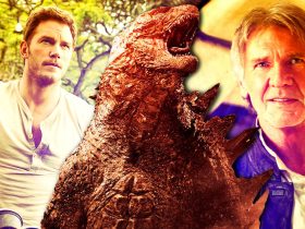 Chris Pratt in Jurassic World, Godzilla in the 2014 movie, and Harrison Ford in Star Wars: The Force Awakens