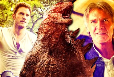 Chris Pratt in Jurassic World, Godzilla in the 2014 movie, and Harrison Ford in Star Wars: The Force Awakens