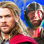 Thor looking somber in Thor- The Dark World, and then happy and goofy in Thor- Ragnarok