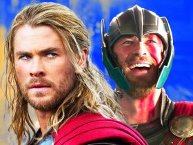 Thor looking somber in Thor- The Dark World, and then happy and goofy in Thor- Ragnarok