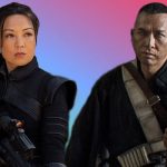 Fennec Shand (Ming-Na Wen) in The Book of Boba Fett and Chirrut Îmwe (Donnie Yen) in Rogue One: A Star Wars Story