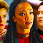 Captain Kathryn Janeway, Captain Michael Burnham, and Data from Star Trek