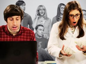 A composite image features Howard and Amy in the lab over the cast of the Big Bang Theory