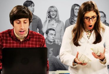 A composite image features Howard and Amy in the lab over the cast of the Big Bang Theory