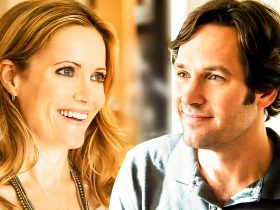 A custom image of Leslie Mann as Debbie and Paul Rudd as Pete smiling towards one another.