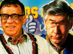 A custom image of Fred Armisen as DJ Carl and Chris Parnell as Overseer Benjamin against a backdrop of Fallout imagery