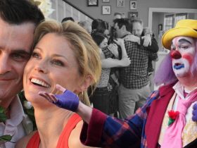 A composite image features Phil and Claire getting married in Hawaii next to Cam as a clown in Paris over an image of the whole family hugging in the Modern Family finale