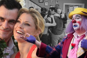 A composite image features Phil and Claire getting married in Hawaii next to Cam as a clown in Paris over an image of the whole family hugging in the Modern Family finale