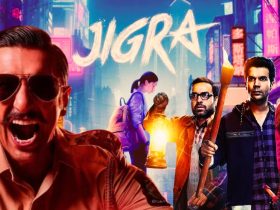 A composite image features the cropped poster for Bollywood movie Jigra with characters from Singham Again and Stree overlaid