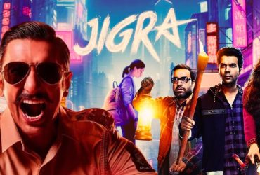 A composite image features the cropped poster for Bollywood movie Jigra with characters from Singham Again and Stree overlaid