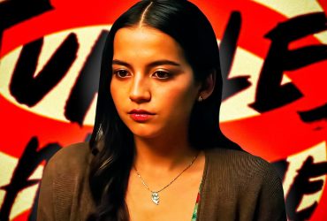 Isabela Merced as Aza Holmes looking upset in Turtles All the Way Down with book cover background